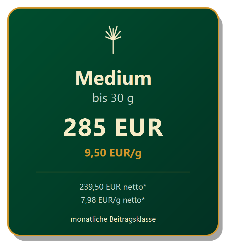 Medium Beitragsklasse bis 30 g, 285 EUR, 9,50 EUR pro Gramm